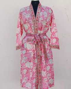 Kimono de algodón con estampado de bloques, bata de algodón para mujer, bata de dama de honor, ropa de dormir, regalo para ella, kimono suave hecho a mano - Product Image 1