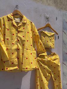 Women Cotton Pajama <b>Set</b> Yellow Stripe Heart Print Nightwear With Pouch Button Down Sleepwear Soft Breathable <b>Lounge</b> <b>Set</b> - Product Image 6