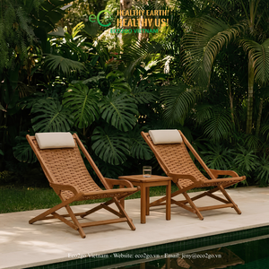 ECO2GO VIETNAM Chaise longue pliable en bois naturel pour extérieur, chaise inclinable pour jardin, patio et plage - Product Image 5