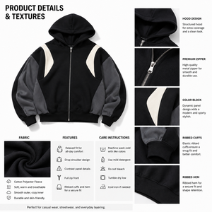 Sweat-shirt à capuche zippé pour homme de haute qualité, avec empiècements color block, manches raglan, coupe décontractée, manches longues, collection de vêtements en gros B2B - Product Image 4