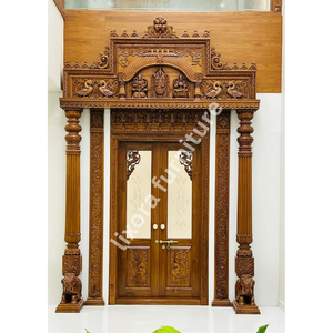 Porte d'entrée principale double en bois massif, artisanale de luxe, avec sculptures florales ornementales, de qualité supérieure - Product Image 3