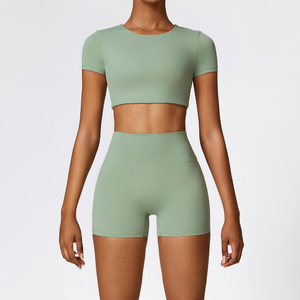 Custom Yoga Gym <b>Shorts</b> Set Active Wear Fitness 2 Piece Crop Top and Leggings for Women - Product Image 4