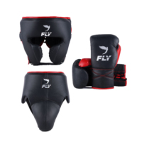 Ensemble de boxe 3 pièces en cuir PU respirant et durable de haute qualité, noir et rouge, comprenant des gants de boxe, un protège-tête et un protège-guêtres