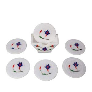 Ensemble de sous-verres artisanaux blancs en marbre de haute qualité avec support en métal incrusté de marbre motif absorbant sous-verres en pierre tapis de cuisine/tampon - Product Image 1