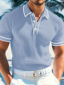 Camiseta informal de estilo europeo y americano para hombre, con colores en contraste, cuello vuelto y botones, manga corta, verano - Product Image 1