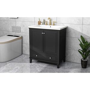 Mobile Bagno Multifunzionale da 30 Pollici con Struttura Solida in MDF, Lavabo Integrato, Mobile Nero con Ante e Cassetto - Product Image 5