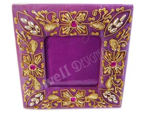 Square Purple Handmade Photo <b>Frame</b> With Gold Embroidery And <b>Pink</b> Gems Ornate Design Tabletop Decor - Product Image 3