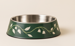 Gamelle pour animaux de compagnie en émail à motif de fleurs de lys, base antidérapante, vert foncé, en métal, pour chien et chat, gamelle d'eau, vente en gros, gamelle d'alimentation moderne - Product Image 2
