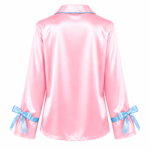 Conjunto de Pijama de Satén para Mujer Gamma Phi Delta, Manga Larga, Abotonado, Bordado, Dos Piezas, Color Rosa con Ribete Azul - Product Image 3