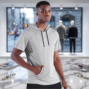 Men's Gray <b>Short</b> <b>Sleeve</b> Hooded T-Shirt Quick Dry Eco-Friendly Breathable Solid Color Regular Fit Pullover <b>Hoodie</b> Pockets Winter - Product Image 4