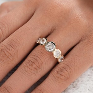 Luxury Cushion Cut Diamond Five Stone <b>Ring</b> Bezel Set Lab Grown 14K Yellow Gold For Unisex Wedding Wishes Gift For Friends - Product Image 2