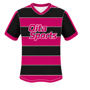 Maillot de rugby rose vif et noir à manches courtes, col rond, rayé, pour l'entraînement et les matchs sportifs - Product Image 1