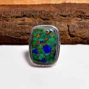 Bague en malachite et azurite, ajustable, argent sterling 925, bijoux bohèmes faits à la main, cadeau pour femmes et filles - Product Image 1