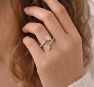 Anillos de Moda con Diamantes Cultivados en Laboratorio, Anillo de Oro Puro de 14K/18K, Diseño Envolvente de Doble Corazón, Anillo Abierto Ajustable - Product Image 5