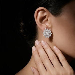 Flower <b>Stud</b> Earrings Women 925 <b>Silver</b> Diamond Round Brilliant Cut Classic Wedding Jewelry - Product Image 3