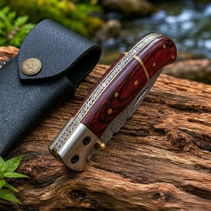 Handmade Industrial Grade Damascus Steel Folding <b>Knife</b> With Wood <b>Handle</b> and Leather Sheath <b>for</b> Outdoor Camping - Product Image 4