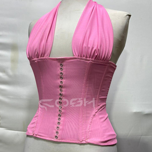 Wholesale Pink Mesh Overbust Corset with Halter Strap Front Eyelets Detail & Adjustable Back Laced Up - Product Image 5