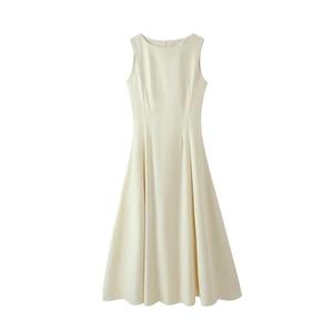 Elegante Vestido Midi sin Mangas con Cuello Redondo y Corte en A, con Cierres, para Uso Diario Informal, en Color Sólido, Tejido Entrecruzado, Silueta Ajustada - Product Image 4