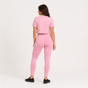 Women's Pink <b>Crop</b> <b>Top</b> and Leggings Set Short Sleeve Crew Neck Solid Color Woven Breathable Spandex Loose Fit Yoga Workout Wear - Product Image 2
