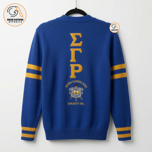 Sigma Gamma Rho Women's Blue Cardigan Sweater Greek Embroidery 100% Cotton Knitted Full Sleeve <b>Covered</b> <b>Button</b> Closure Winter - Product Image 2