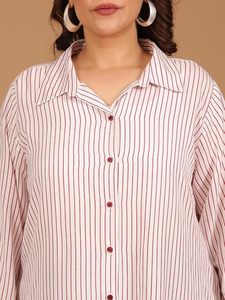 Chemise boutonnée à manches longues pour femmes, taille plus, rayée rouge et blanc, coupe classique, col à revers, viscose rayonne - Product Image 4