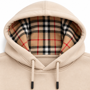 Sweat-shirt à capuche en jersey épais beige doublé, imprimé, avec empiècements à carreaux sur les manches, poche avant, style décontracté pour l'automne - Product Image 6