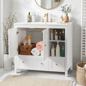 Mobile da Bagno Bianco in MDF con Doppia Anta 91*46*82cm Senza Lavabo Verniciato a Spruzzo con Strisce Decorative e Doppi Cassetti - Product Image 1