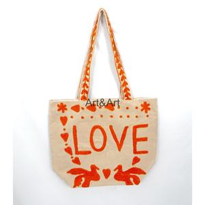 Bolsa de Mano Elegante con Bordado de Amor, Bolsa de Compras Grande con Asa para el Hombro, Estilo Bohemio, Patrón de Letras Naranjas - Product Image 1