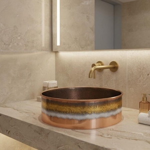 Grand lavabo vasque simple en cuivre martelé, finition satinée brossée, de luxe moderne, fait main, pour salle de bain - Product Image 1