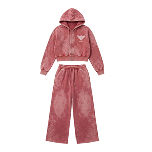 Ensemble de survêtement deux pièces pour femme, sweat à capuche zippé délavé à l'acide, style streetwear décontracté, 100 % coton - Product Image 1
