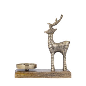 Porte-bougie chauffe-plat en métal argenté en forme de renne avec base en bois de manguier, centre de table rustique de Noël, figurine de cerf décorative festive - Product Image 5