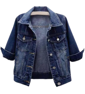 Women's 3/4 Sleeve <b>Cropped</b> <b>Denim</b> <b>Jacket</b> Light Wash Short Jean <b>Jacket</b> Trucker Coat Button-Up Casual Distressed Crop Jean <b>Jacket</b> - Product Image 4