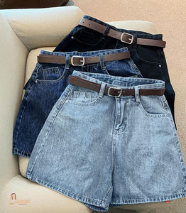 High Waist Denim Shorts Straight Leg Vintage Washed Cotton Casual Summer Shorts with Belt Solid Color - Product Image 6