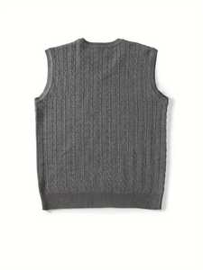Gilet pull sans manches en maille torsadée col en V pour homme, coupe ajustée, style décontracté preppy, chaud, gris - Product Image 2