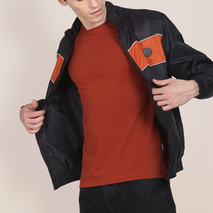 Men'<b>s</b> Color Blocking Racer <b>Jacket</b> Windproof Stand Collar Zipper Closure Sporty Style Autumn Wear Black Orange Panel Design - Product Image 6