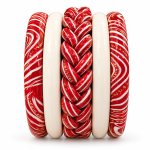 Juego de Brazaletes de Perlas de Imitación Rojas Lac con Rayas Blancas Doradas, Centro Trenzado, Joyería Étnica India Tradicional Vintage para Bodas - Product Image 1