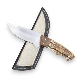 Cuchillo de caza de grado industrial de hoja fija de acero D2 con mango de palisandro y asta de ciervo, funda de cuero, personalizado OEM, espiga completa - Product Image 2