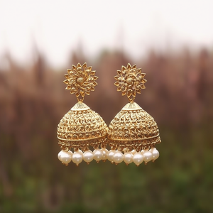 Big Sun Design Jhumka Earrings-Ethnic Pearl Hoop Earrings for Party - Product Image 3