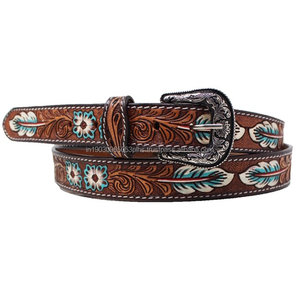 Ceinture de Cowboy perlée aztèque vintage en cuir de vachette pleine fleur occidentale personnalisée sculptée à la main - Product Image 1