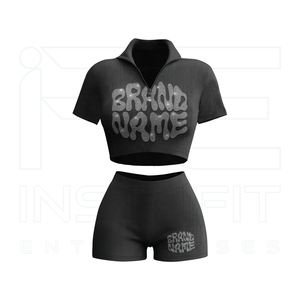 Conjunto de 2 piezas de punto acanalado ligero para mujer: Top corto con cremallera y shorts por encima de la rodilla, ropa deportiva informal de verano - Product Image 1