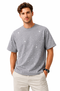 T-shirt décontracté pour homme gris à imprimé étoile en strass, manches courtes, col rond, 100 % coton, streetwear, motif uni, tendance pour l'été - Product Image 2