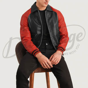 Chaqueta Bomber de Cuero Genuino Bicolor Negro y Rojo para Hombre con Cuello Camisero Clásico y Puños Acanalados a Rayas - Product Image 1