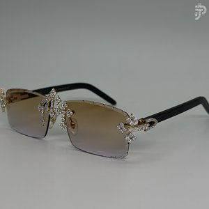 Luxuriöse Runde Kreuz-Brille Rhodium-Plattierte Sonnenbrille Iced Out Kristall-Kreuz-Design-Rahmen Verlaufsglas Holzgläser Modische Brillen - Product Image 2