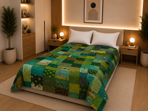 Couvre-lit bohème vintage en coton patchwork réversible, lavable, écologique, taille Queen, fait main, textile indien du Rajasthan - Product Image 2