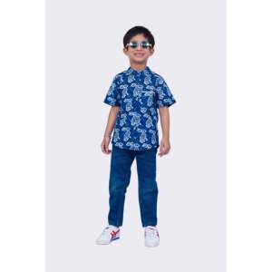 เสื้อเชิ้ตเด็กผู้ชายแขนสั้นสีคราม พิมพ์ลายกระต่าย ผ้าฝ้ายลำลอง แต่งลายสก็อต ผ้าเดนิม สำหรับเด็กอายุ 6 7 8 ปี - Product Image 1