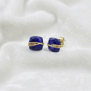 Handmade Geometric <b>Cushion</b> Cut Dyed Ruby Wire Wrapped Stud Earrings Dainty Jewelry in 18K Gold Plated - Product Image 3