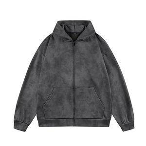 Sudadera con capucha personalizada con cremallera, 100% algodón, forro polar, estilo vintage, lavado ácido, efecto desgastado, tejido de punto, para hombre, invierno - Product Image 1