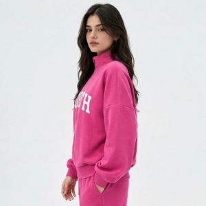 Sweat-shirt décontracté surdimensionné pour femme avec broderie de lettres, col montant, en polaire, demi-zip, poches avant, printemps automne hiver - Product Image 4