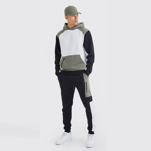Ensemble de survêtement pour homme, noir, gris, blanc, avec sweat à capuche raglan et pantalon de jogging à revers, tenue de sport décontractée - Product Image 1