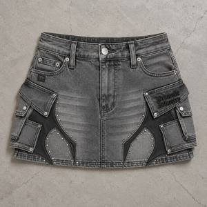 Gothic Armor Denim <b>Skirt</b> for Women, <b>Silver</b> Grey Low Rise Cargo <b>Mini</b> <b>Skirt</b> with Rhinestones, Streetwear Utility Style - Product Image 5